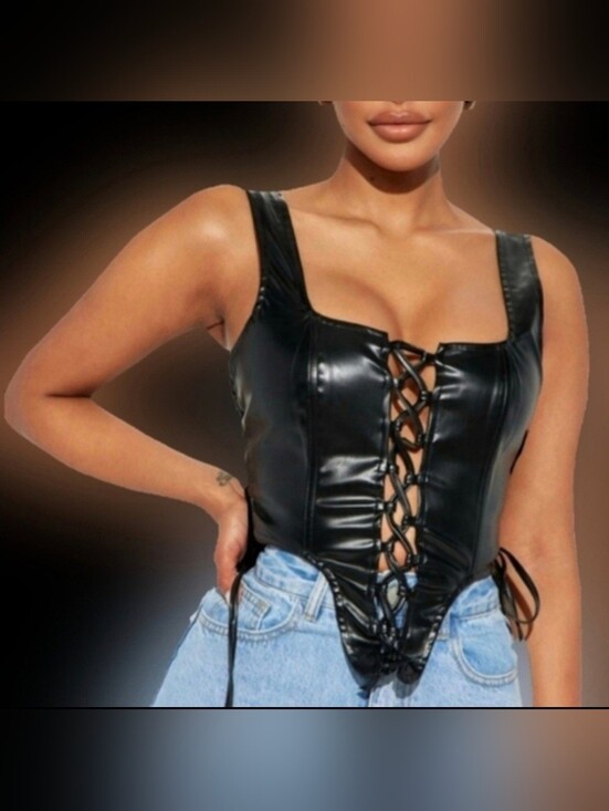 Fashion Nova Tops - Fashion Nova true to you blk faux leather tie front sides crop top corset 1X NWT